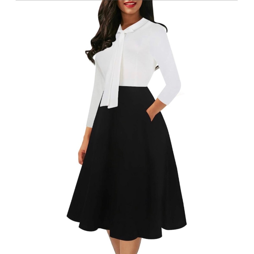 Vintage Style Color Block Bow Tie V-Neck A-Line Dress with Pockets NWT - M